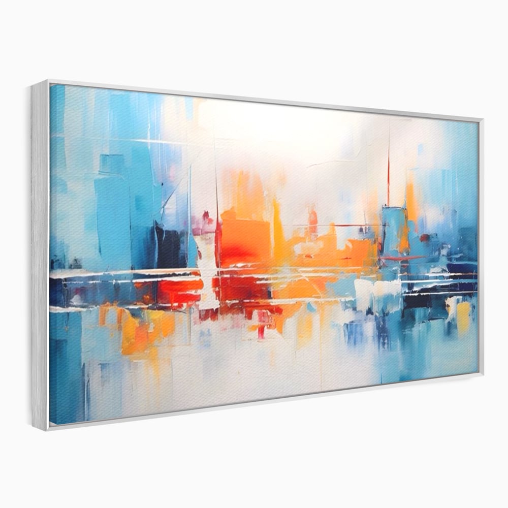 Tablou canvas cu pictura abstracta cu peisaj urban, in rama de aluminiu argintiu